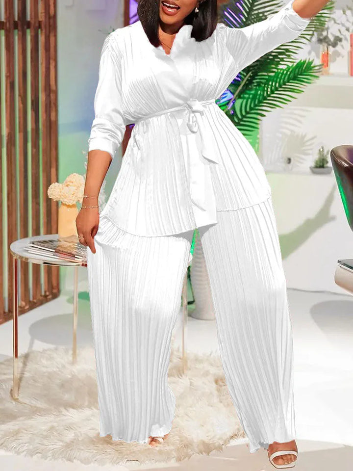 Pleated Long Sleeve Shirt and Pants Set with Belt