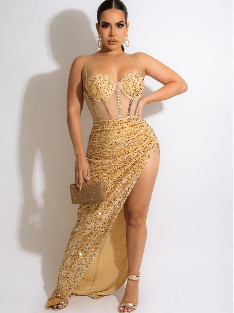 Sequins Sleeveless Split Maxi Dress