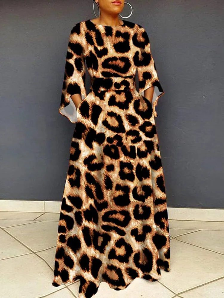 Long Sleeve Leopard Bodycon Maxi Dress