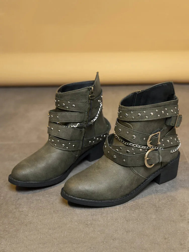 Belt Buckle Thick Heel PU Bootsies