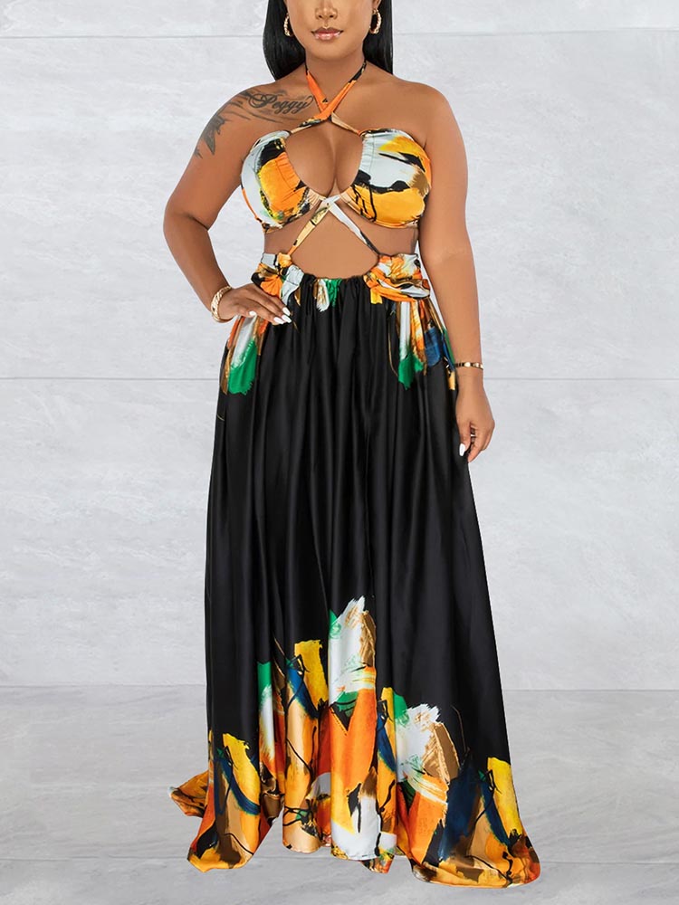 Print Halter Cutout Maxi Dress