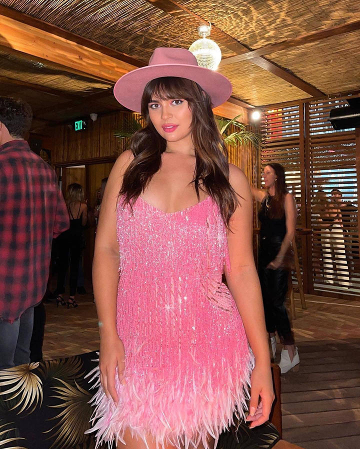 Sleeveless fringed feather hem mini dress