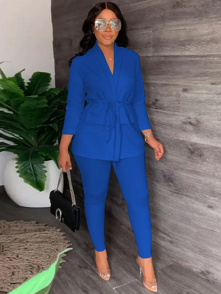 Two Piece Drawstring Blazer Bodycon Long Pants