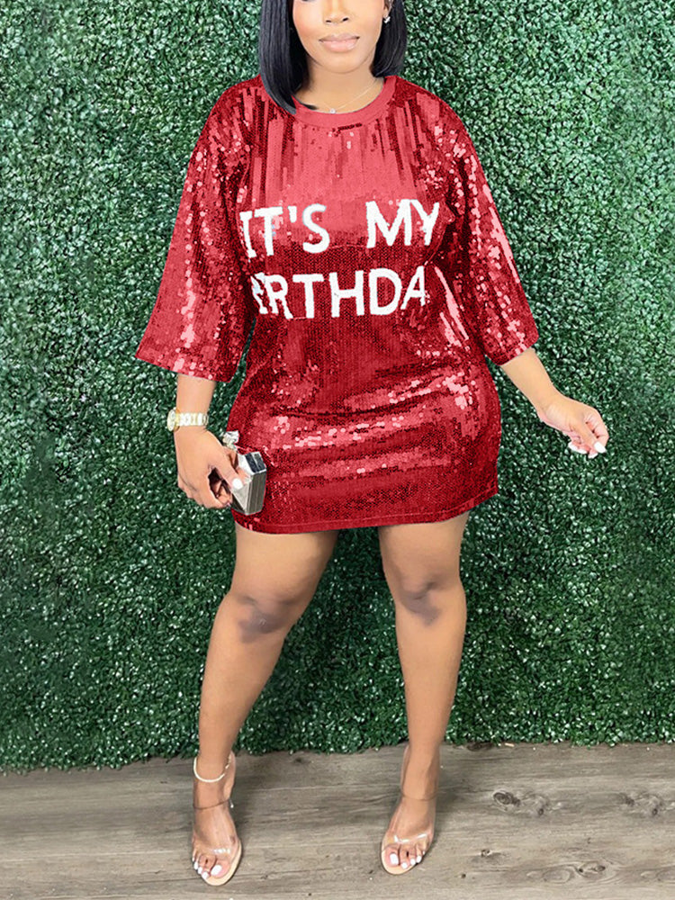 Letter Sequin Shirt Dress