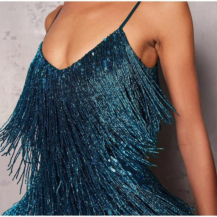 Sleeveless fringed feather hem mini dress