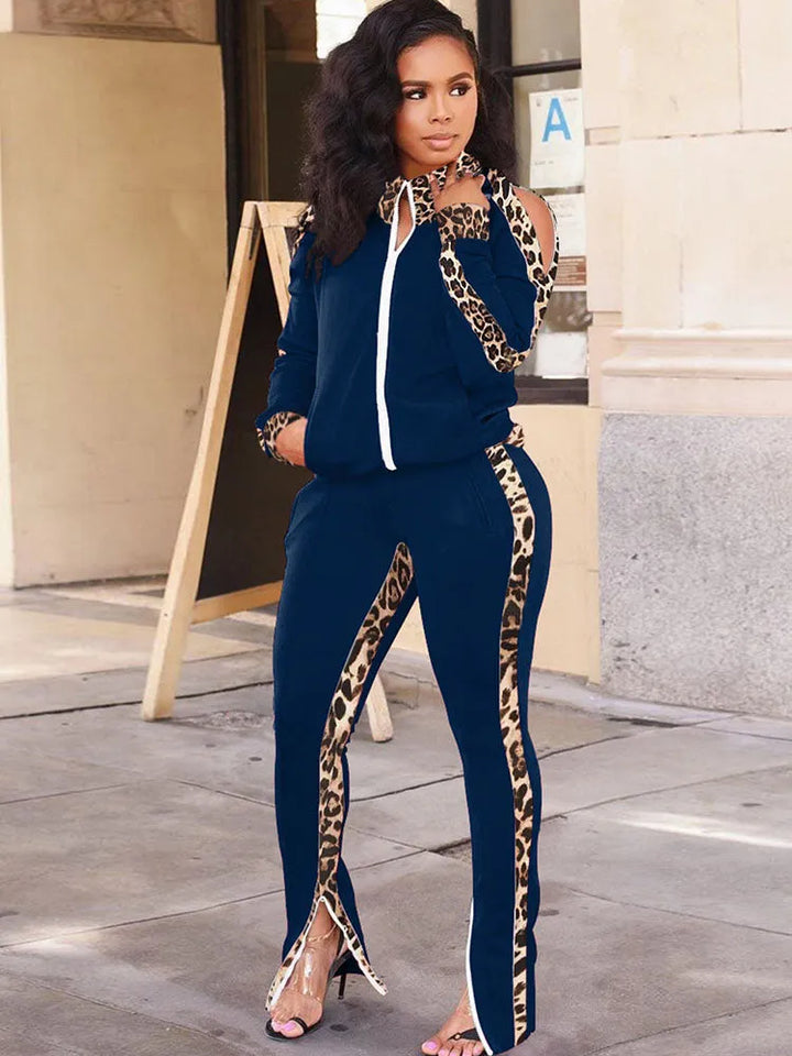 Two Piece Leopard Print Patchwork Pant Suit