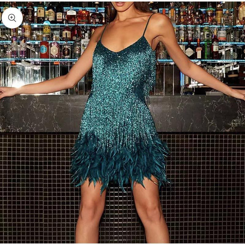 Sleeveless fringed feather hem mini dress