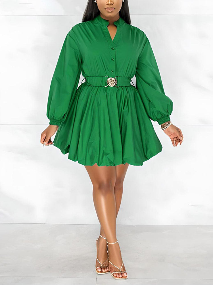 Belted Puffy Sleeve Dress