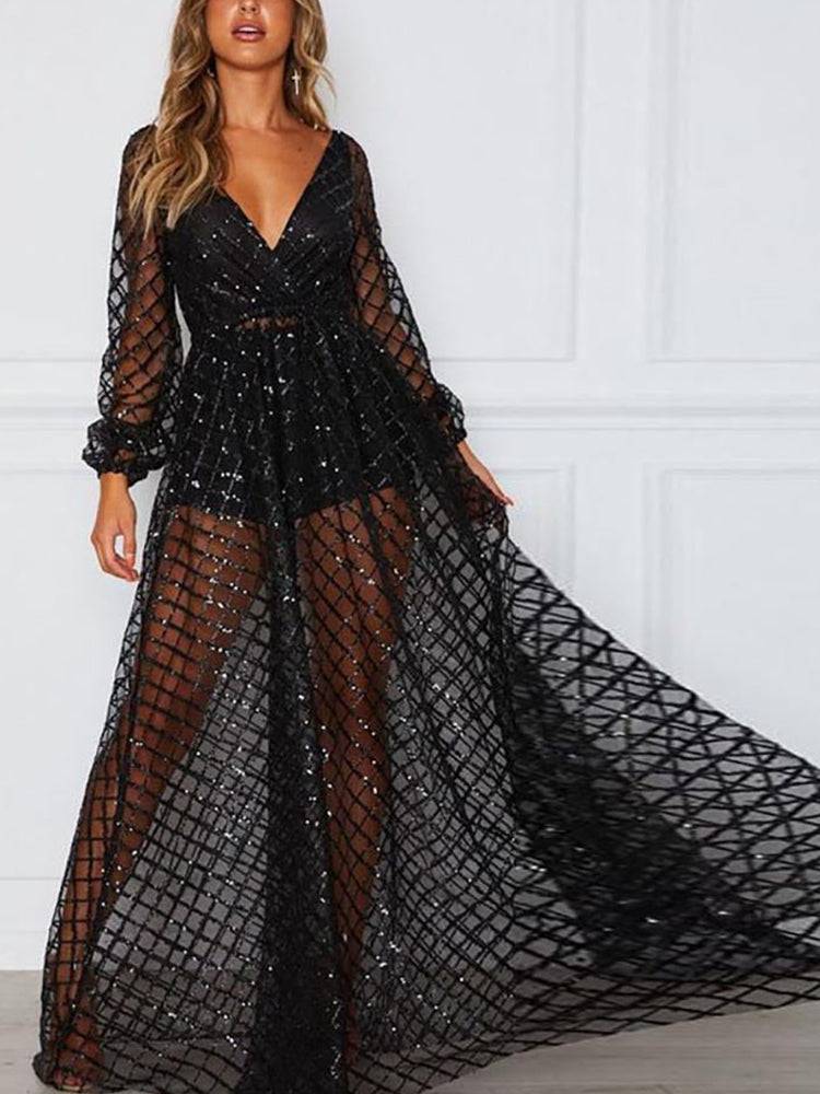 Sequin Mesh V Neck Maxi Dress