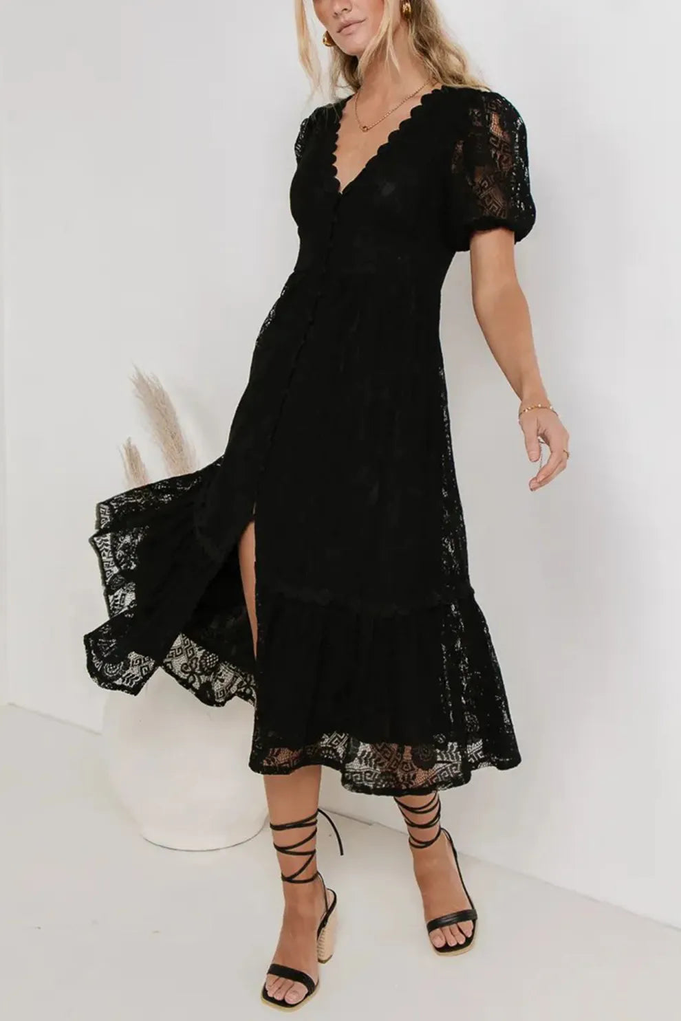 Lace Single-breasted Midi Dress