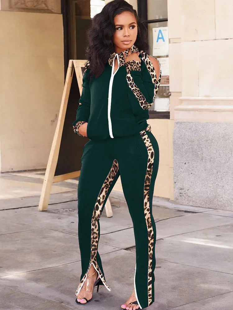 Two Piece Leopard Print Patchwork Pant Suit