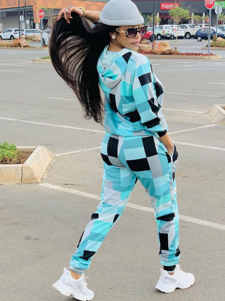 Long Sleeve Hooded Printed Sportswear Set Blue · S