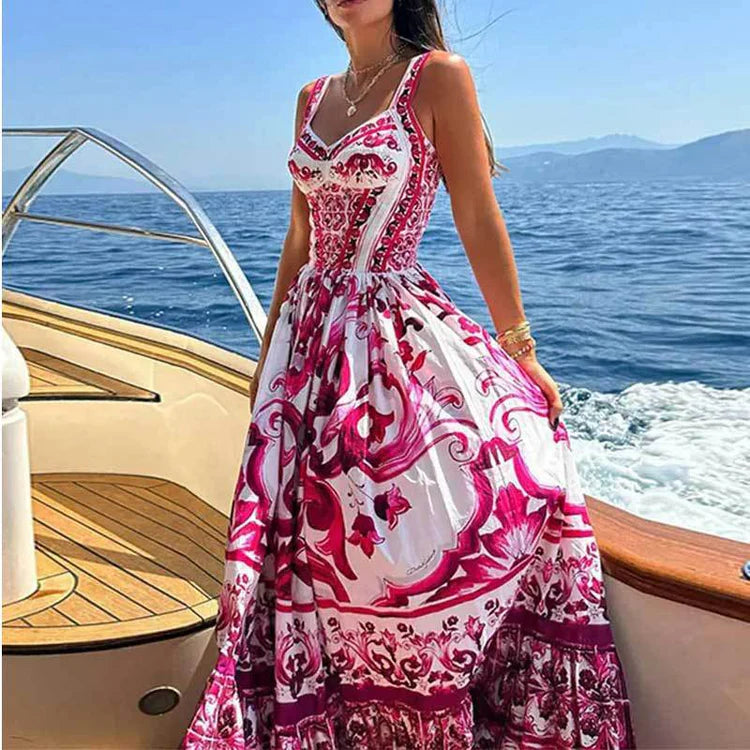Bohemian Style Elegant Light Luxury Mid-Length Printed Halter Dresses
