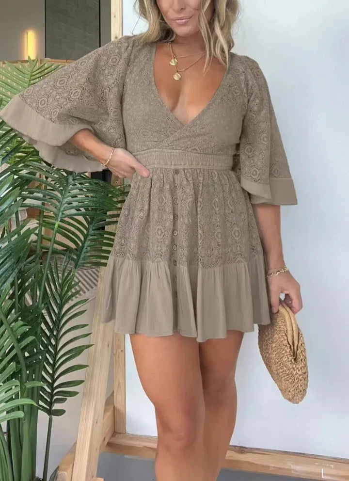 V Neck Lace Patchwork Bat Sleeve Mini Dresses