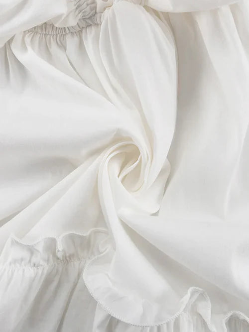 V-Neck Drawstring Flared Sleeve Ruffle White Dresses