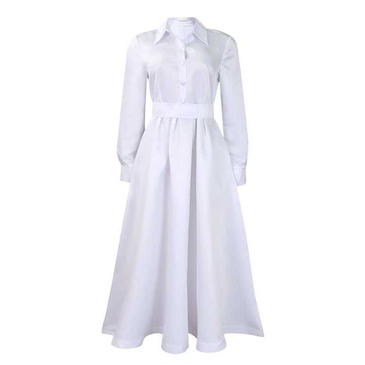 Solid Colour Lapel Long Sleeve A-line Dresses