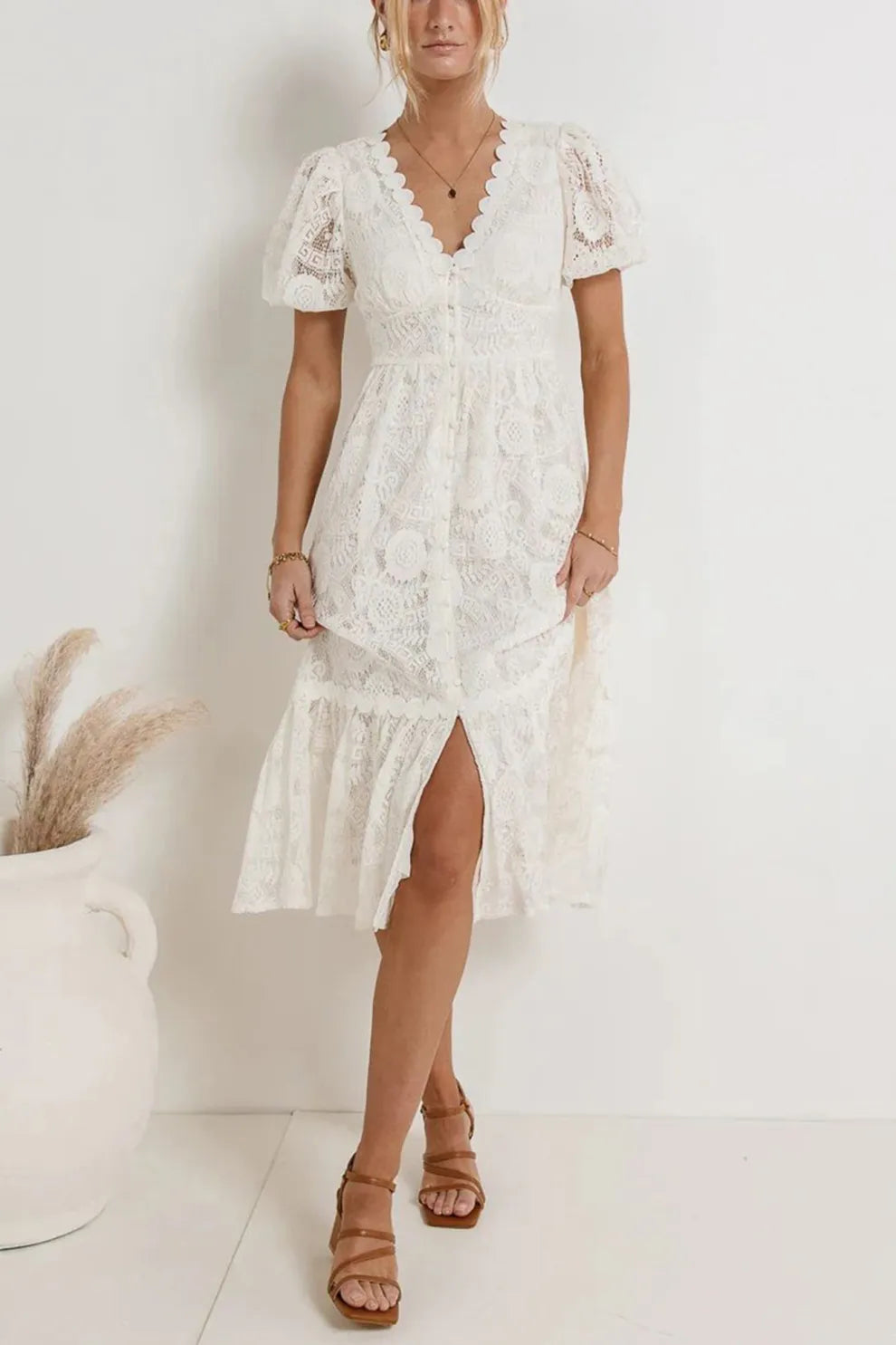 Lace Single-breasted Midi Dress