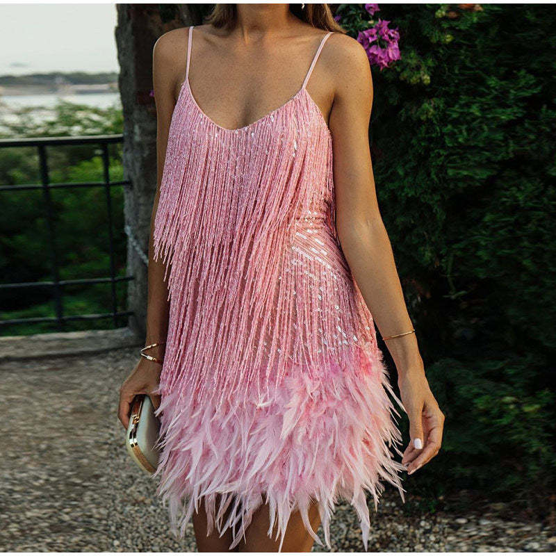 Sleeveless fringed feather hem mini dress