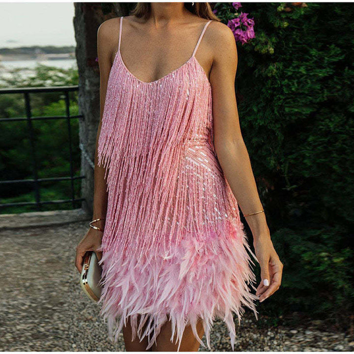 Sleeveless fringed feather hem mini dress