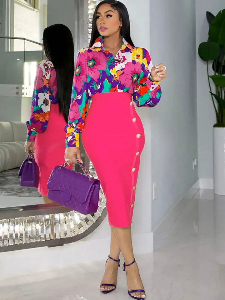 Two Piece Floral Print Shirt Midi Skirts