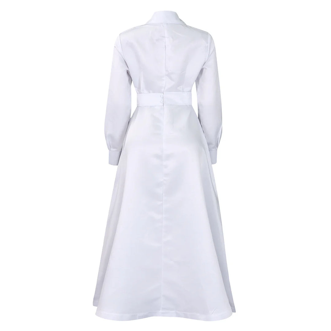Solid Colour Lapel Long Sleeve A-line Dresses
