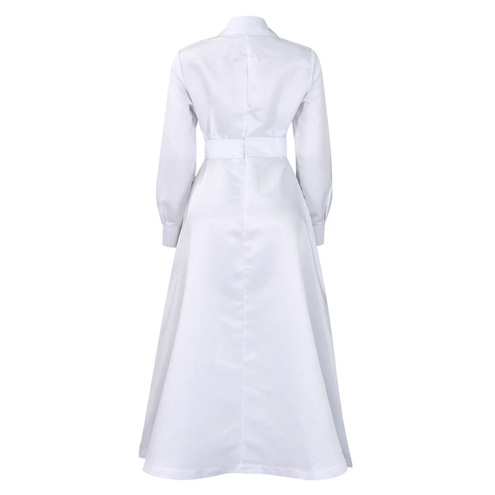 Solid Colour Lapel Long Sleeve A-line Dresses