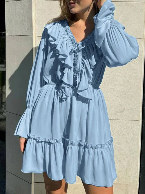 V-Neck Drawstring Flared Sleeve Ruffle White Dresses