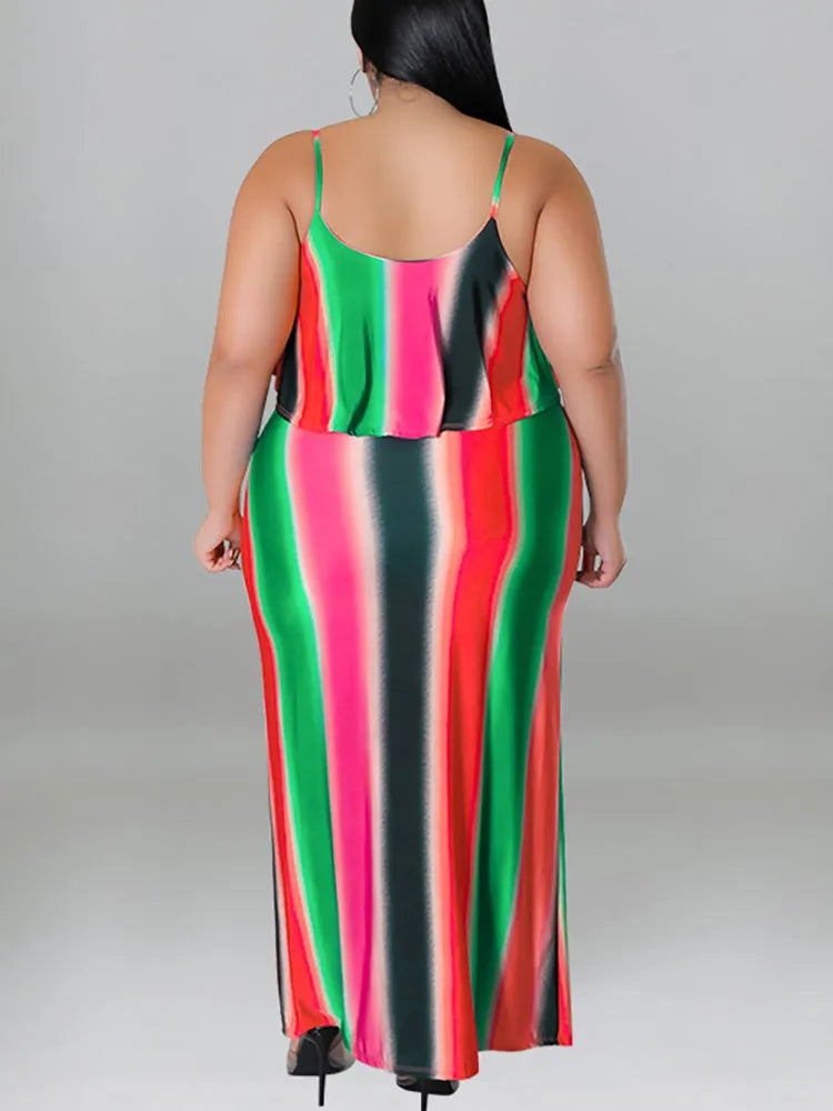 Plus Size Ruffle Strap Rainbow Stripe Print Dress
