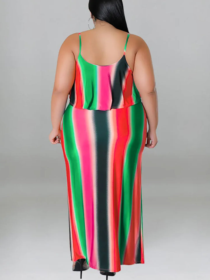 Plus Size Ruffle Strap Rainbow Stripe Print Dress