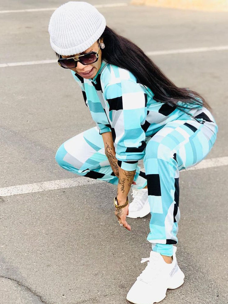 Long Sleeve Hooded Printed Sportswear Set Blue · M