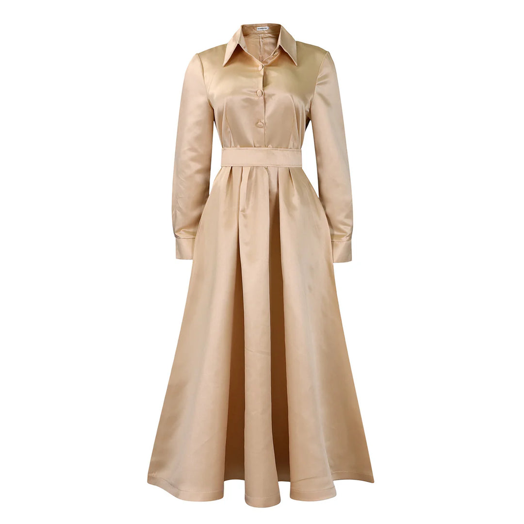 Solid Colour Lapel Long Sleeve A-line Dresses