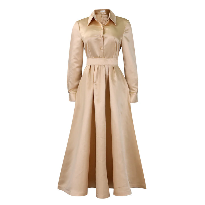 Solid Colour Lapel Long Sleeve A-line Dresses