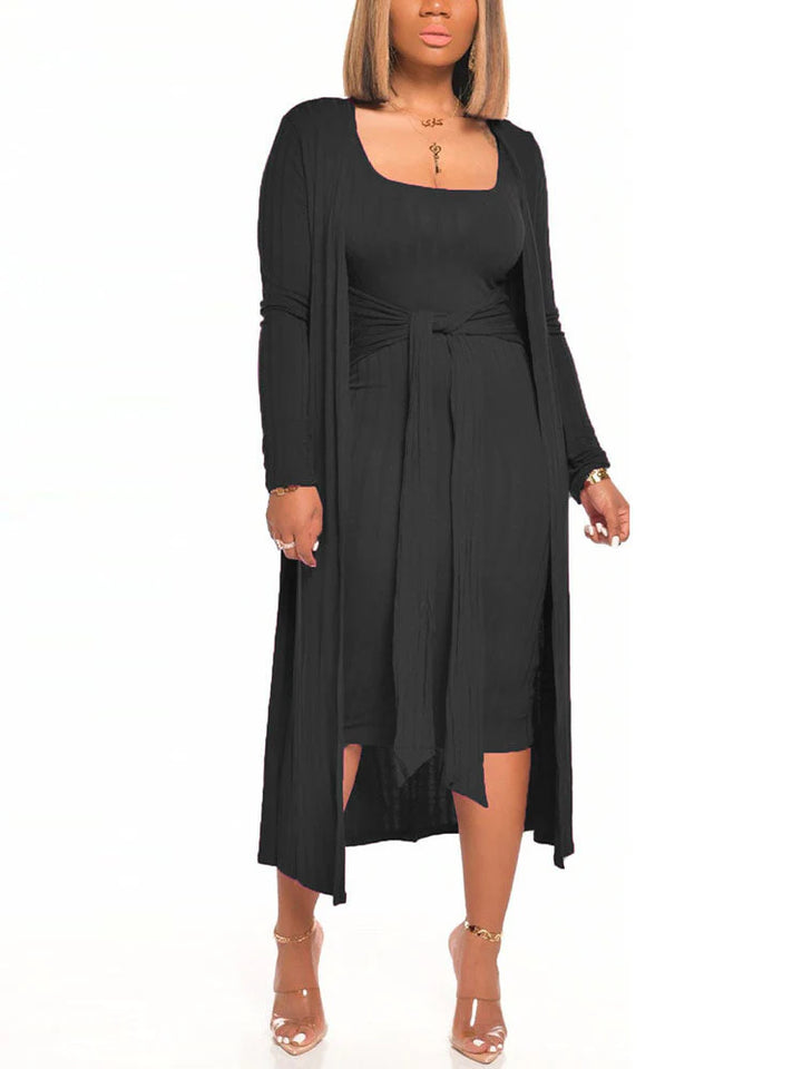 Ribbed Cardigan Tie Front Dress Set