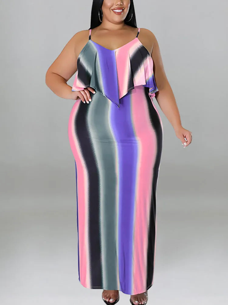 Plus Size Ruffle Strap Rainbow Stripe Print Dress