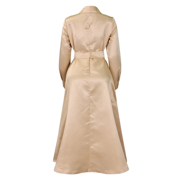 Solid Colour Lapel Long Sleeve A-line Dresses