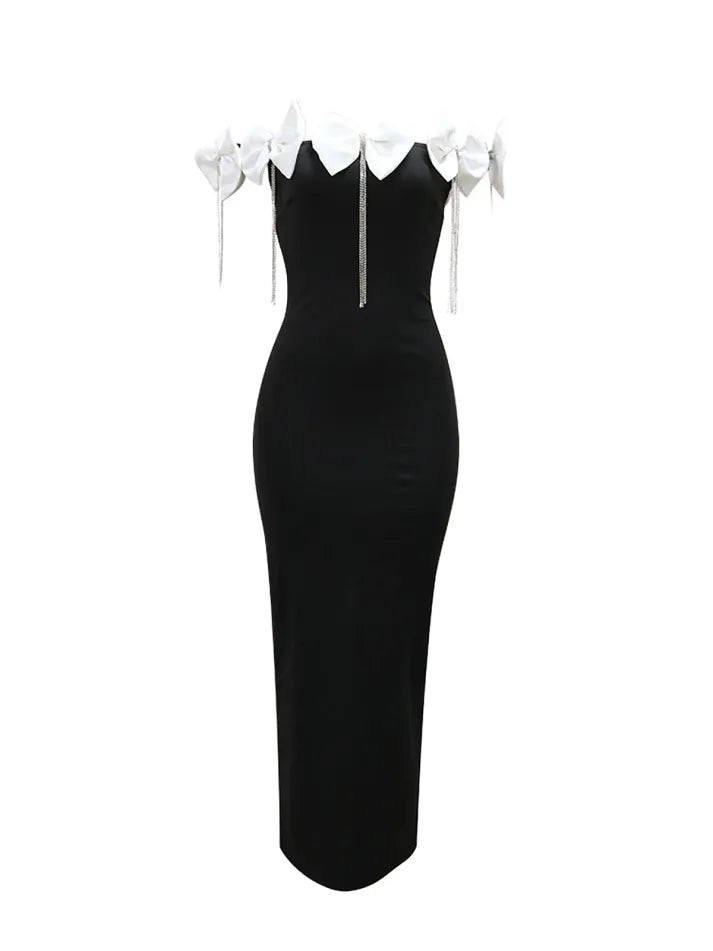 Sleeveless Bowknot Crystal Chain Slit Maxi Dress