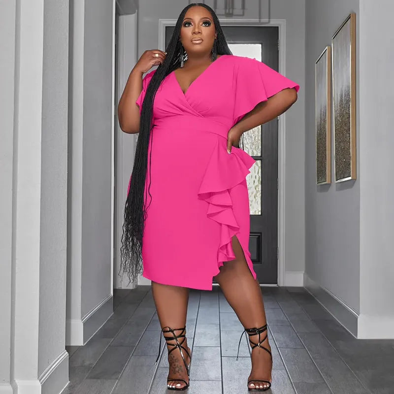 Short Sleeve V Neck Ruffle Midi Dress
