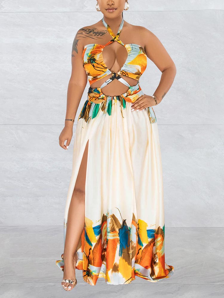 Print Halter Cutout Maxi Dress