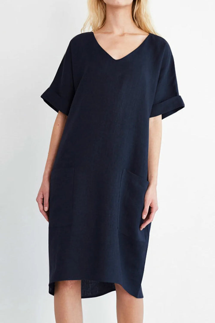 V-Neck Short Sleeve Pocketed Cotton Dress