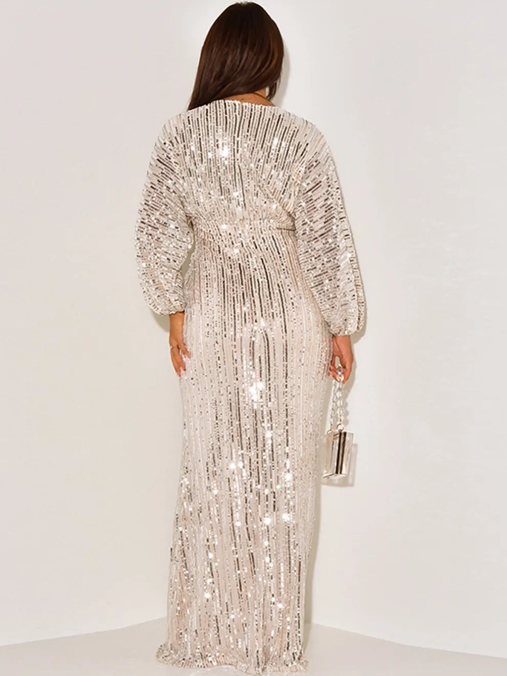Sequin Long Sleeve V-Neck Maxi Dress