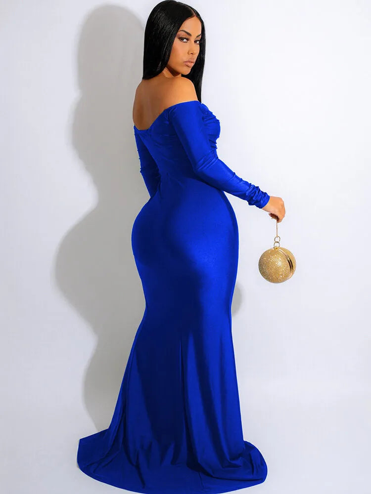 Long Sleeve Off Shoulder Ruched Maxi Dress