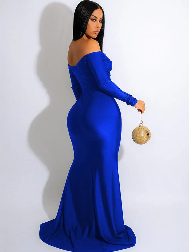 Long Sleeve Off Shoulder Ruched Maxi Dress