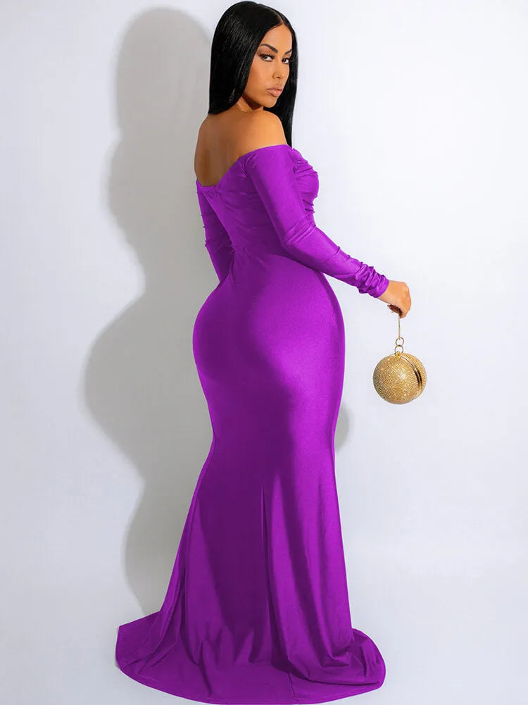 Long Sleeve Off Shoulder Ruched Maxi Dress