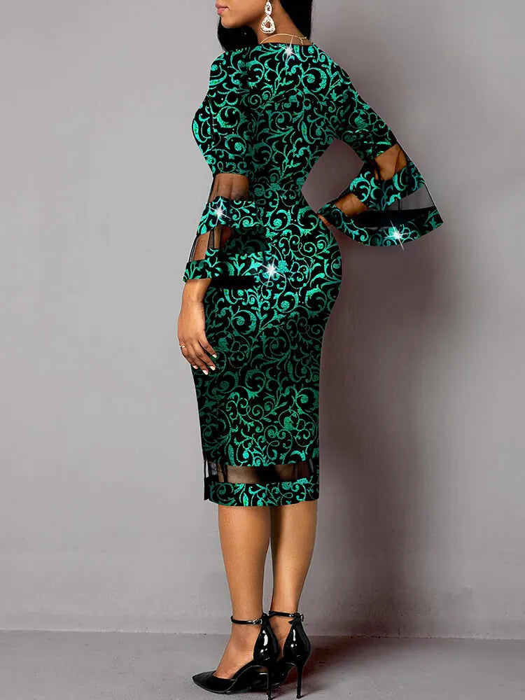 Bell Sleeve Floral Print Bodycon Midi Dress