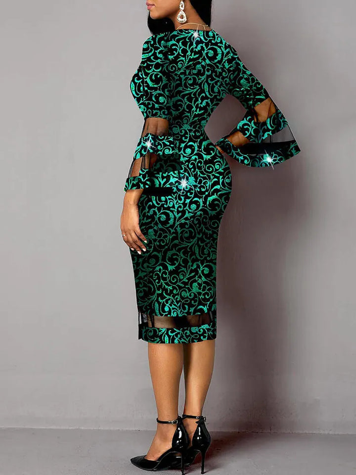 Bell Sleeve Floral Print Bodycon Midi Dress