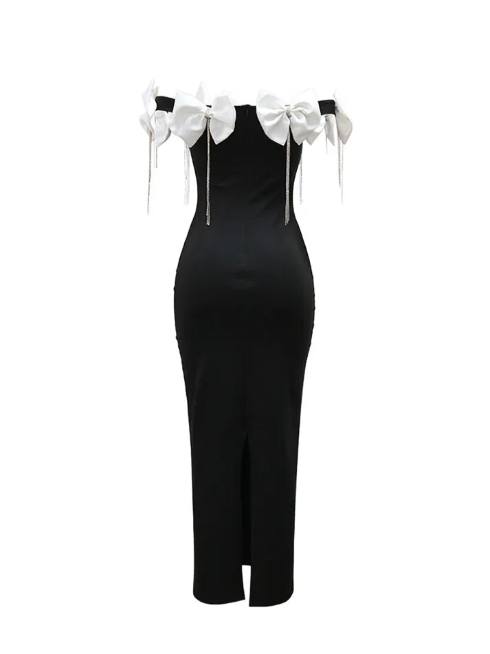 Sleeveless Bowknot Crystal Chain Slit Maxi Dress