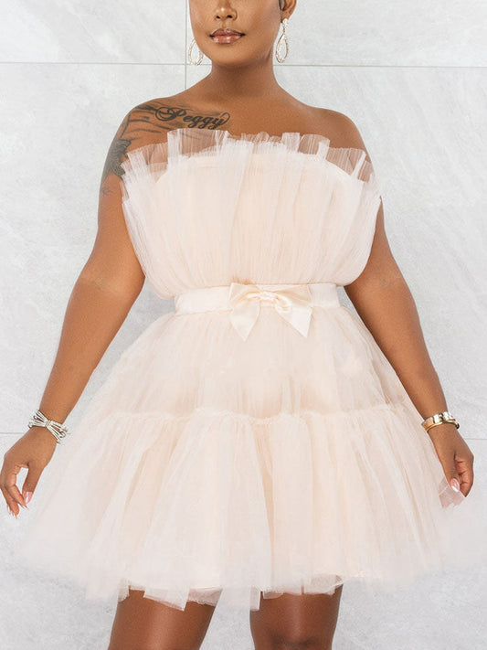 Bow Decor Layered Tulle Cocktail Dress