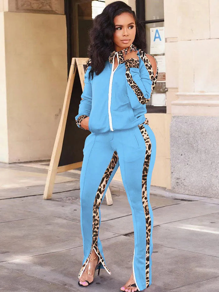 Two Piece Leopard Print Patchwork Pant Suit