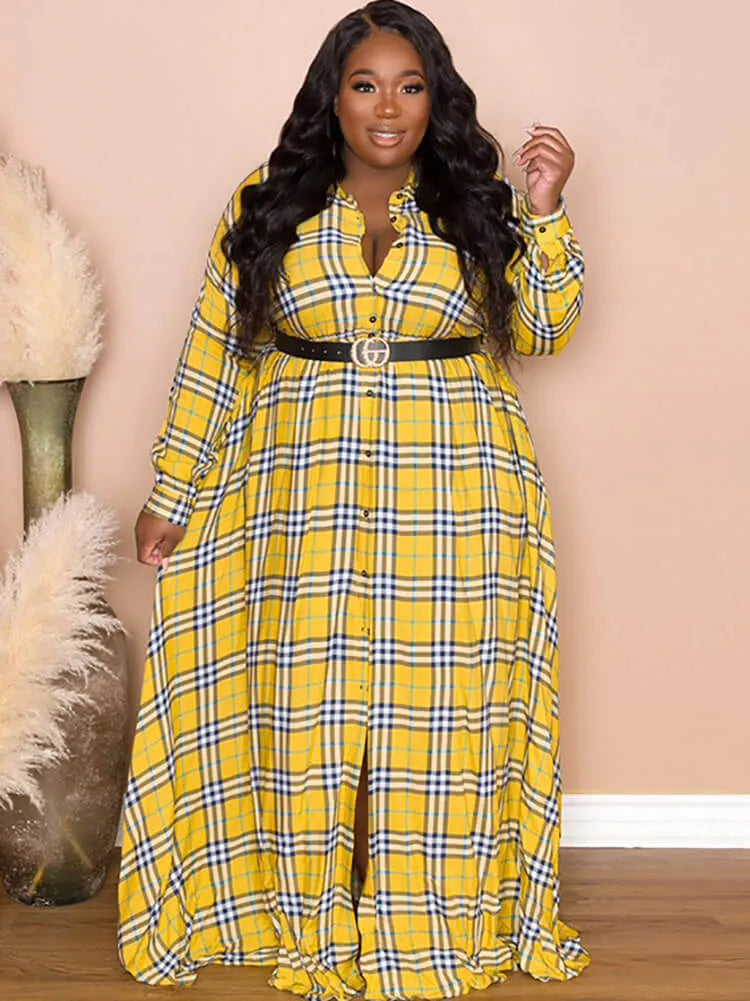 Long Sleeve Plaid Print Bodycon Maxi Dress