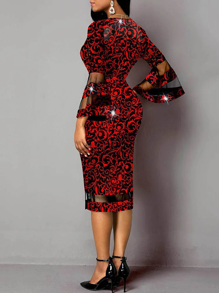 Bell Sleeve Floral Print Bodycon Midi Dress